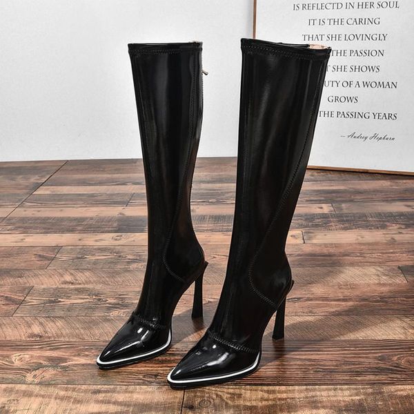 boots runway style patent leather women elegant pointed toe high heels fashion patchwork zip autumn winter knee-high shoes, Black
boots runway style patent leather women elegant pointed toe high heels fashion patchwork zip autumn winter knee-high shoes, Black