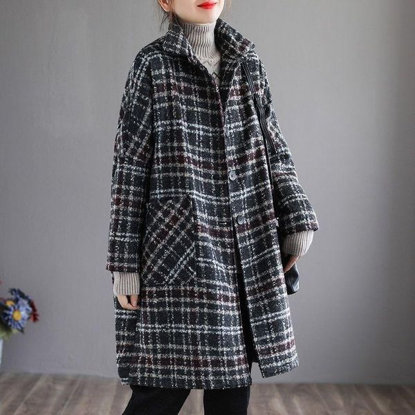 women's wool & blends plaid woolen coat mid-length korean oversized outwear 2021 warm jackets autumn winter classic lattice overcoat, Black
women's wool & blends plaid woolen coat mid-length korean oversized outwear 2021 warm jackets autumn winter classic lattice overcoat, Black