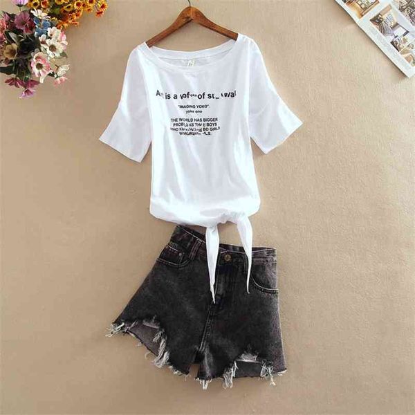 summer two piece sets women white bow tie letter printed t shirt + high waist black ripped hole denim shorts suits 210530
summer two piece sets women white bow tie letter printed t shirt + high waist black ripped hole denim shorts suits 210530