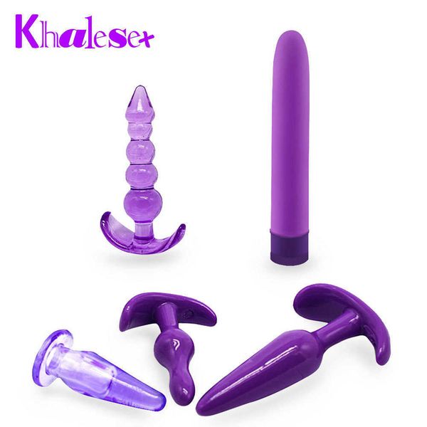 Khalesex 5 Pcs/Set Anal Vibrator Silicone Adult Sex Toys for Woman Butt Plug Toys for Couples Beads Hook Finger Masturbator S1018