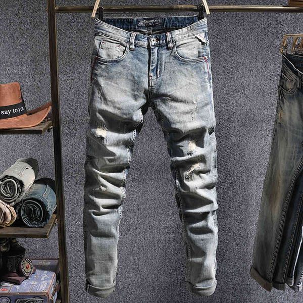 jeans italian style fashion light blue slim fit elastic ripped men vintage designer pants streetwear hip hop jeans 
jeans italian style fashion light blue slim fit elastic ripped men vintage designer pants streetwear hip hop jeans