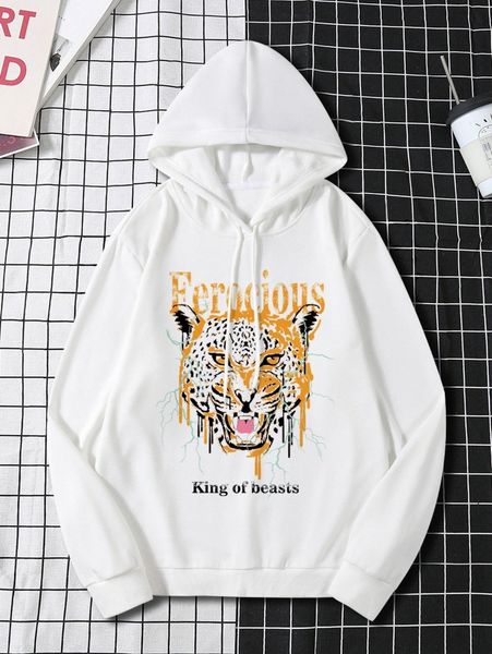 men leopard and slogan graphic drawstring hoodie 73aw#, Black