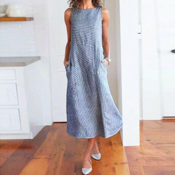 women summer beach striped pattern sleeveless loose dress lady casual o-neck cotton linen long dresses, Black;gray
women summer beach striped pattern sleeveless loose dress lady casual o-neck cotton linen long dresses, Black;gray