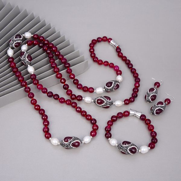 guaiguai jewelry natural cultured white rice pearl fuchsia agates sweater chain station long necklace bracelet earrings sets for women, Silver
guaiguai jewelry natural cultured white rice pearl fuchsia agates sweater chain station long necklace bracelet earrings sets for women, Silver