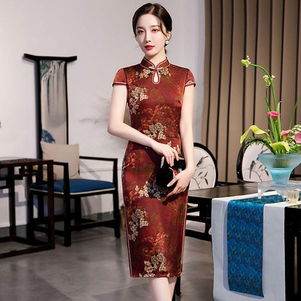 ethnic clothing women's cheongsam slim medium length dress short sleeve classic traditional chinese collar, Red
ethnic clothing women's cheongsam slim medium length dress short sleeve classic traditional chinese collar, Red