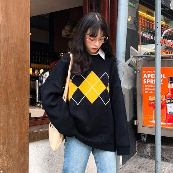 korean college style autumn winter geometric pattern argyle pullovers vintage crop loose knitted women sweaters for women's, White;black
korean college style autumn winter geometric pattern argyle pullovers vintage crop loose knitted women sweaters for women's, White;black