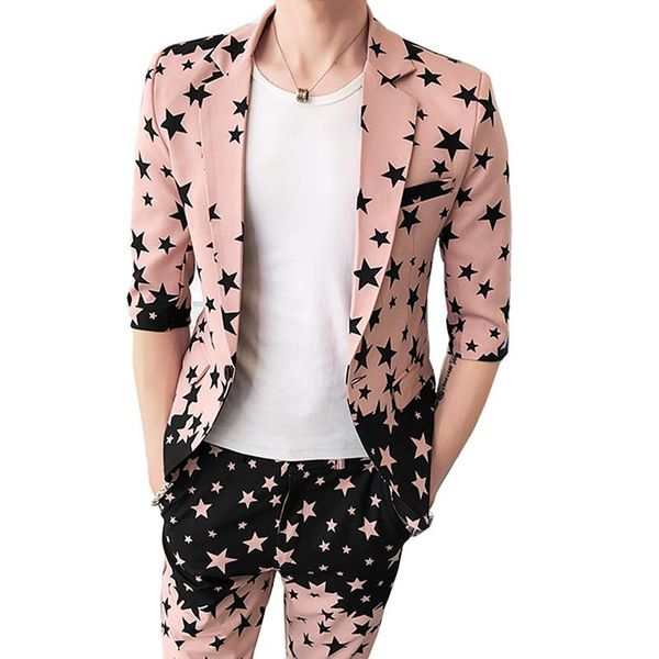 men spring summer mid half sleeve five pointed star print fashion slim british style suit 2 piece coat pants party blazer jacket men's, White;black
men spring summer mid half sleeve five pointed star print fashion slim british style suit 2 piece coat pants party blazer jacket men's, White;black