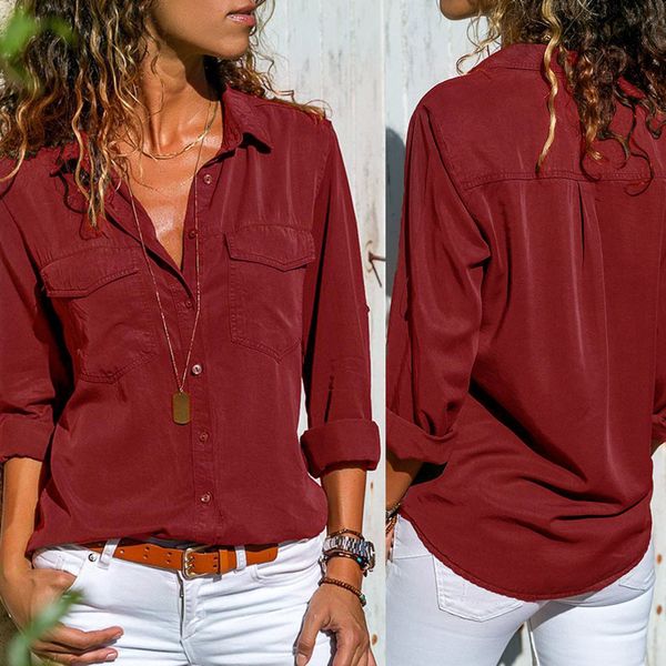 2019 new blouse women plus size casual solid long sleeve turn down collar pockets button front shirt x0521, White
2019 new blouse women plus size casual solid long sleeve turn down collar pockets button front shirt x0521, White
