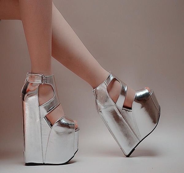 female sandals 17 cm thick bottom silver wedge super high-heeled nightclub catwalk shoes, Black
female sandals 17 cm thick bottom silver wedge super high-heeled nightclub catwalk shoes, Black