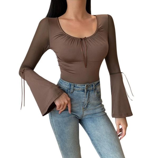 women's t-shirt flared full sleeve slim elegant mesh patchwork transparent high street retro top, White
women's t-shirt flared full sleeve slim elegant mesh patchwork transparent high street retro top, White