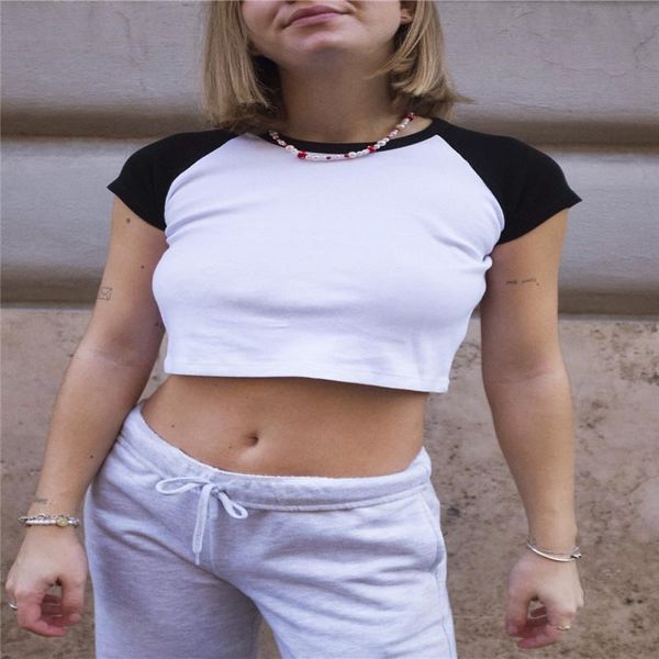 women crop summer adults casual color block short sleeve round neck t-shirt women's, White
women crop summer adults casual color block short sleeve round neck t-shirt women's, White