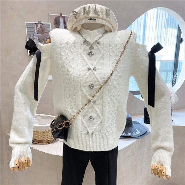 women's sweaters niche design clothing 2021 autumn knitted long sleeves and off-the-shoulder loose-fitting sweater with diamonds, White;black
women's sweaters niche design clothing 2021 autumn knitted long sleeves and off-the-shoulder loose-fitting sweater with diamonds, White;black