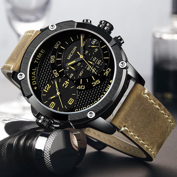wristwatches megir chronograph sport watch men quartz dual time business wrist watches waterproof calander leather military male clock, Slivery;brown
wristwatches megir chronograph sport watch men quartz dual time business wrist watches waterproof calander leather military male clock, Slivery;brown