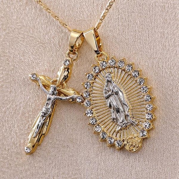 women men gold plated cross crucifix necklace + virgin mary jesus pendant jewelry necklaces, Silver