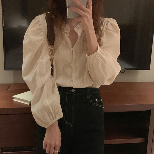 women's t-shirt apricot gentle stand shirts full sleeves lace outwear stylish femme sweet korea autumn ol retro bubble sleeve top, White
women's t-shirt apricot gentle stand shirts full sleeves lace outwear stylish femme sweet korea autumn ol retro bubble sleeve top, White