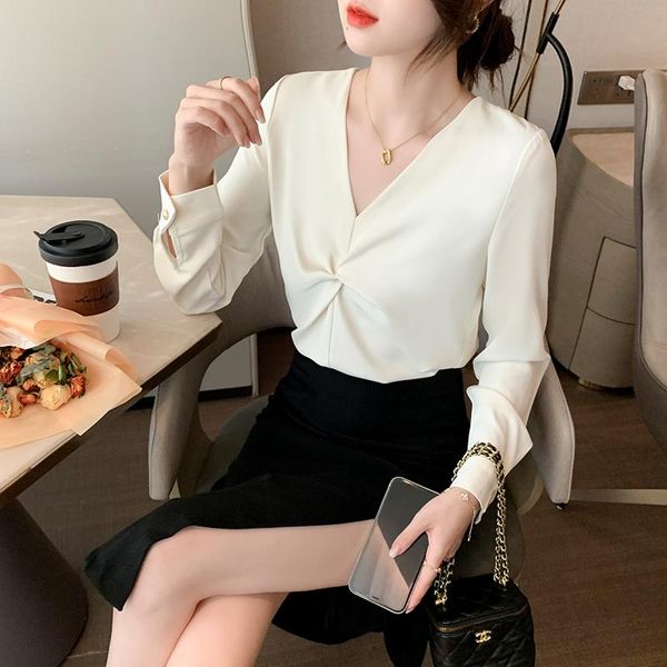 women's blouses & shirts silk satin loose fashion solid color v-neck autumn casual long sleeve blusas houthion, White
women's blouses & shirts silk satin loose fashion solid color v-neck autumn casual long sleeve blusas houthion, White