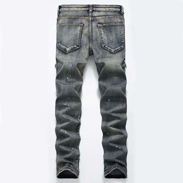 new men casual jeans denim pants distressed zipper scratched knees holes painted vintage nostalgic regular trousers, Blue
new men casual jeans denim pants distressed zipper scratched knees holes painted vintage nostalgic regular trousers, Blue