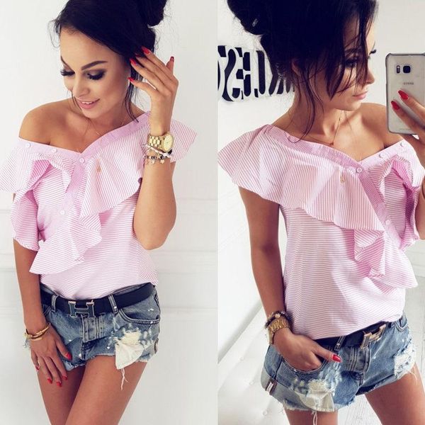 women's t-shirt 2021 fashion sweet summer short petal sleeve off shoulder v-neck ruffles striped pink slim shirt, White
women's t-shirt 2021 fashion sweet summer short petal sleeve off shoulder v-neck ruffles striped pink slim shirt, White