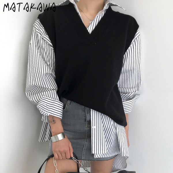 korea chic lapel single-breasted striped ladies shirt v-neck sleeveless knitted sweater vest women two piece set 210506, White
korea chic lapel single-breasted striped ladies shirt v-neck sleeveless knitted sweater vest women two piece set 210506, White