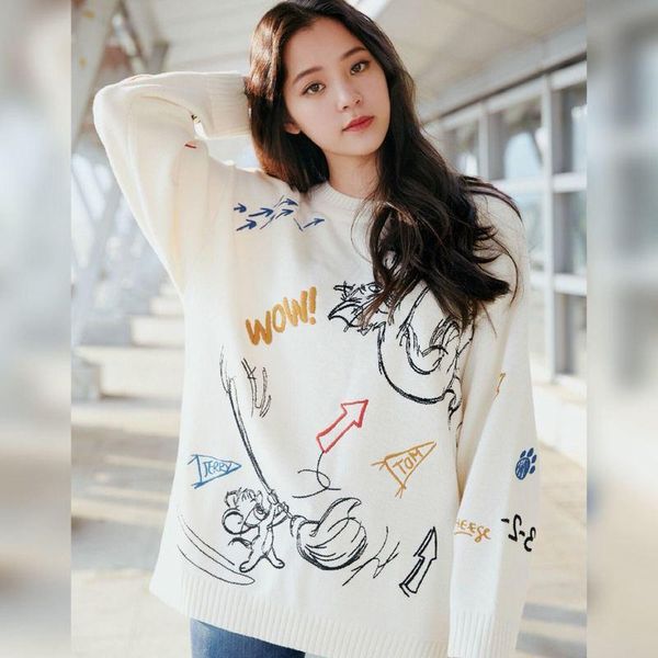 wool sweater loose graffiti female round neck 2021 autumn all-match casual design knitted cotton women's sweaters, White;black
wool sweater loose graffiti female round neck 2021 autumn all-match casual design knitted cotton women's sweaters, White;black