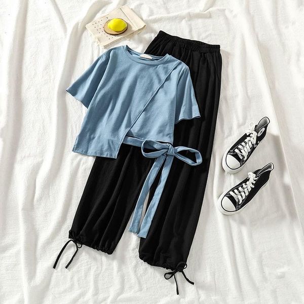 women's tracksuits asymmetric short t-shirt and lace-up straight leg pants 2 piece set women outfits clothes loose summer two pieces, Gray
women's tracksuits asymmetric short t-shirt and lace-up straight leg pants 2 piece set women outfits clothes loose summer two pieces, Gray