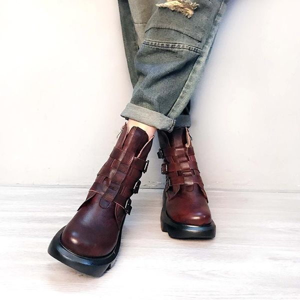 boots cow leather autumn winter 2021 women's muffin sole handmade flat bottom low heel shoes, Black 
boots cow leather autumn winter 2021 women's muffin sole handmade flat bottom low heel shoes, Black