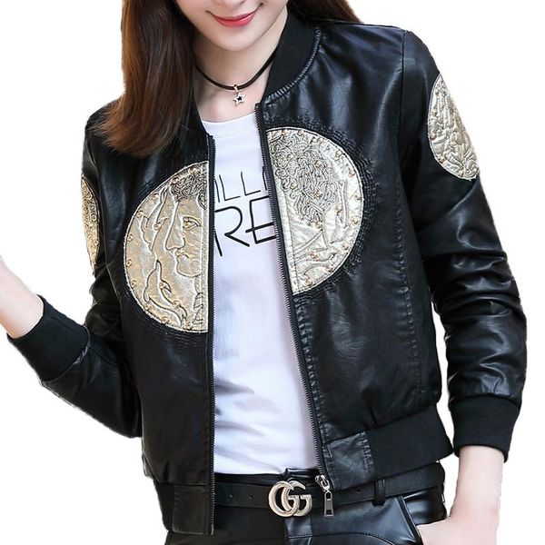 women's leather & faux short jacket women 2021 embroidery pu outerwear baseball uniform washed beading fashion jackets, Black
women's leather & faux short jacket women 2021 embroidery pu outerwear baseball uniform washed beading fashion jackets, Black