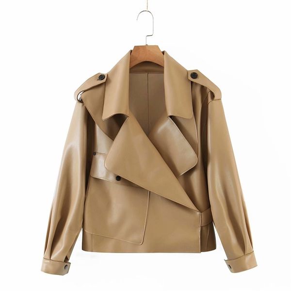 women streetwear brown faux leather jacket spring autumn long sleeve short coat ladies black biker moto outwear 210602
women streetwear brown faux leather jacket spring autumn long sleeve short coat ladies black biker moto outwear 210602