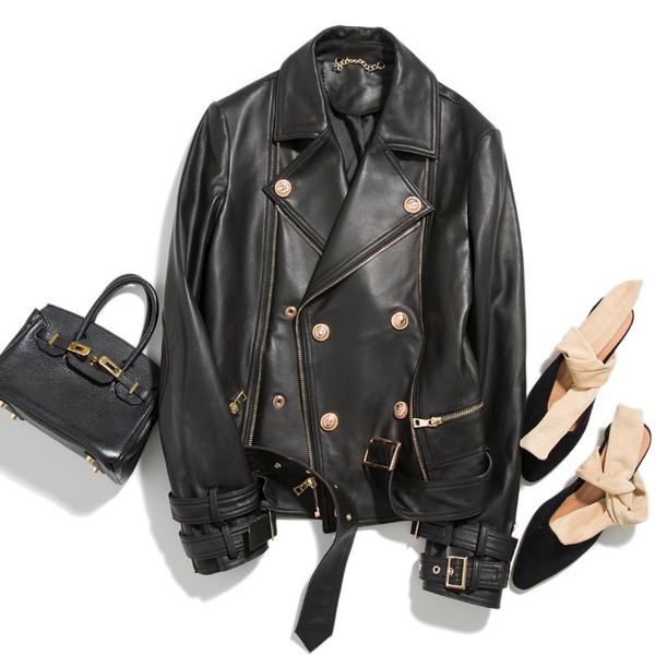 women's leather & faux 100% sheep skin female brief paragraph motorcycle jackets, Black
women's leather & faux 100% sheep skin female brief paragraph motorcycle jackets, Black