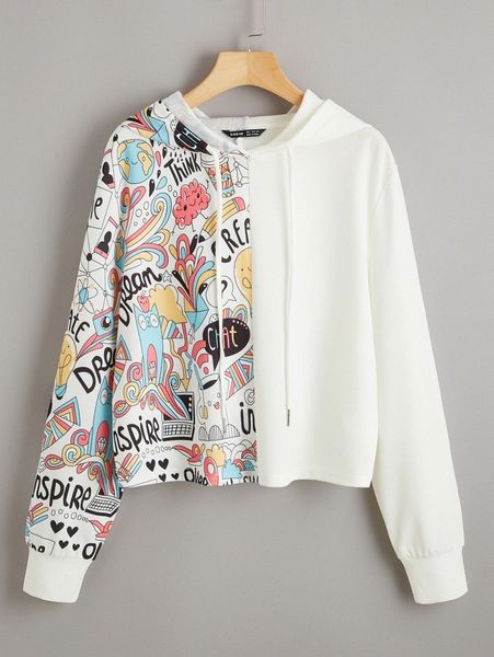 cartoon doodles panel drawstring hoodie a689#, White;black 
cartoon doodles panel drawstring hoodie a689#, White;black