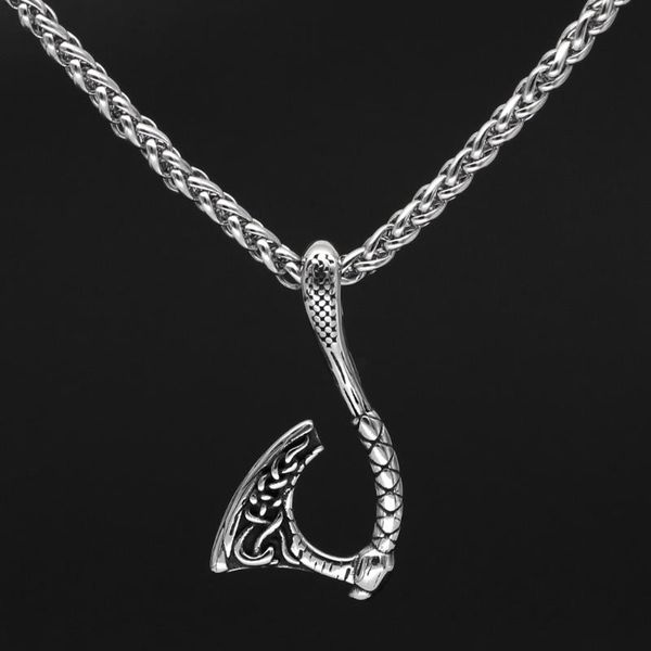 chains men viking axe stainless steel necklace jewelry with valknut gift bag, Silver