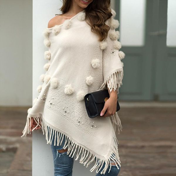 women o neck solid sweater hairball tassel autumn vintage pulover fashion coat loose knitted shawl poncho ladies clothes n, White;black
women o neck solid sweater hairball tassel autumn vintage pulover fashion coat loose knitted shawl poncho ladies clothes n, White;black