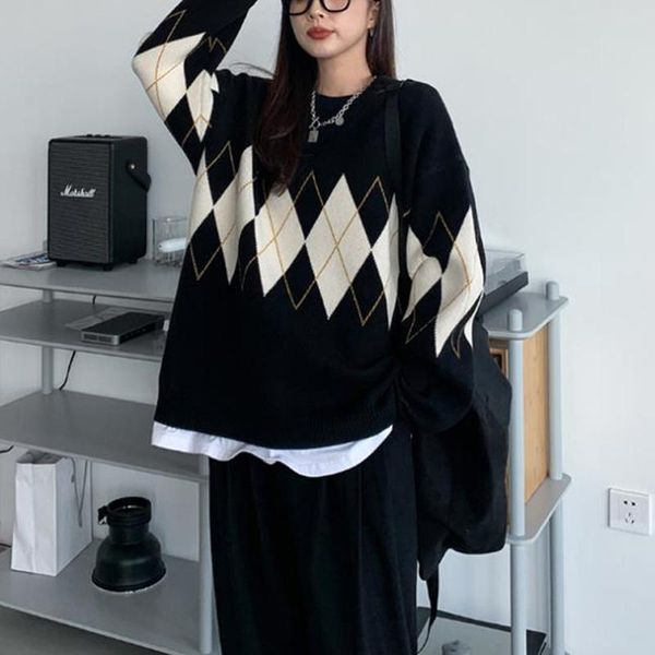 women's sweaters women argyle printed pattern sweater, round collar long sleeve loose style knitwear, White;black
women's sweaters women argyle printed pattern sweater, round collar long sleeve loose style knitwear, White;black