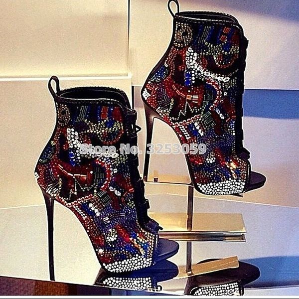 dress shoes women multi-color crystal ankle boots open toe lace-up exquisite colorized rhinestone booties extremely high heels wedding zqt6, Black
dress shoes women multi-color crystal ankle boots open toe lace-up exquisite colorized rhinestone booties extremely high heels wedding zqt6, Black