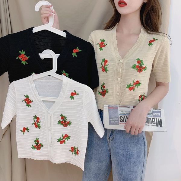 embroidery short sleeve womens sweaters v neck thin cardigan summer casual single breasted flower for girls regular, White;black
embroidery short sleeve womens sweaters v neck thin cardigan summer casual single breasted flower for girls regular, White;black