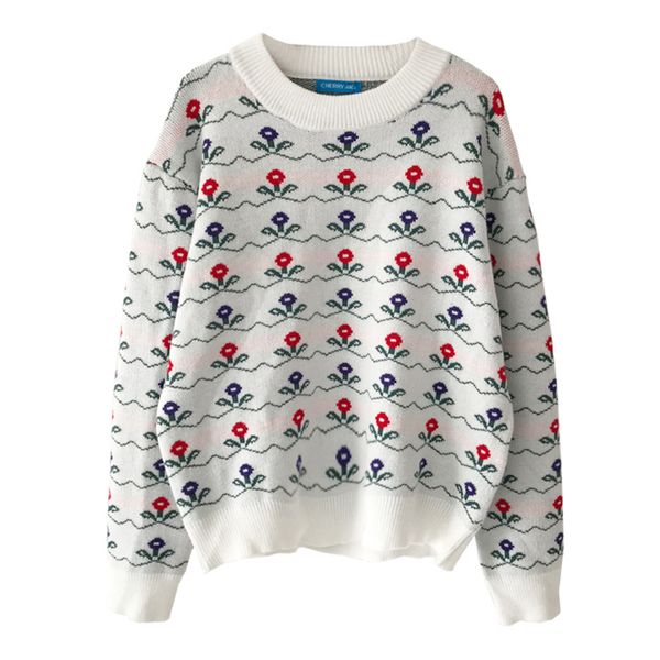 women white brown sweater knitted pullovers long sleeve o neck flower print pattern autumn winter m0301 210514, White;black
women white brown sweater knitted pullovers long sleeve o neck flower print pattern autumn winter m0301 210514, White;black