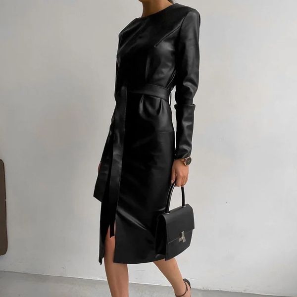 dresses women black pu a line high waist vintage party long sleeve o neck sashes front split 2021 spring office lady dress, Black;gray 
dresses women black pu a line high waist vintage party long sleeve o neck sashes front split 2021 spring office lady dress, Black;gray
