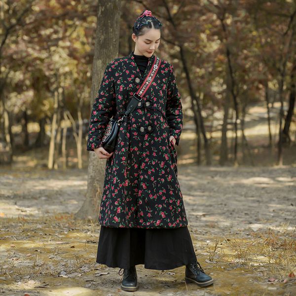 johnature women black winter parkas coats v-neck long sleeve print floral button vintage warm female chinese style parkas 210521
johnature women black winter parkas coats v-neck long sleeve print floral button vintage warm female chinese style parkas 210521
