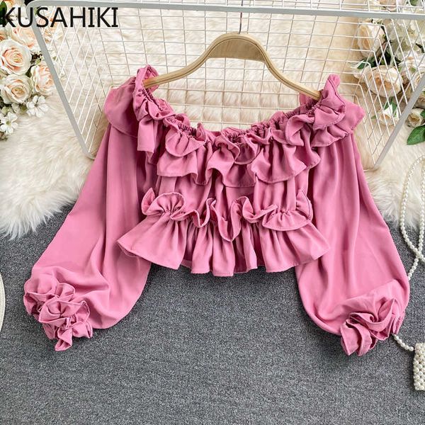 kusahiki summer ruffle off shoulder blouse shirt puff sleeve korean short womens fashion elegant blusas 6j461 210602, White 
kusahiki summer ruffle off shoulder blouse shirt puff sleeve korean short womens fashion elegant blusas 6j461 210602, White