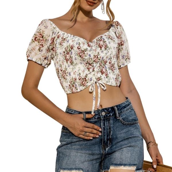 women's t-shirt women short sleeve off shoulder crop boho floral drawstring hem shirt, White
women's t-shirt women short sleeve off shoulder crop boho floral drawstring hem shirt, White