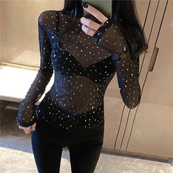 black blusas de mujer transparent mesh rhinestone women long sleeves turtleneck lace blouses 417b 210420, White
black blusas de mujer transparent mesh rhinestone women long sleeves turtleneck lace blouses 417b 210420, White