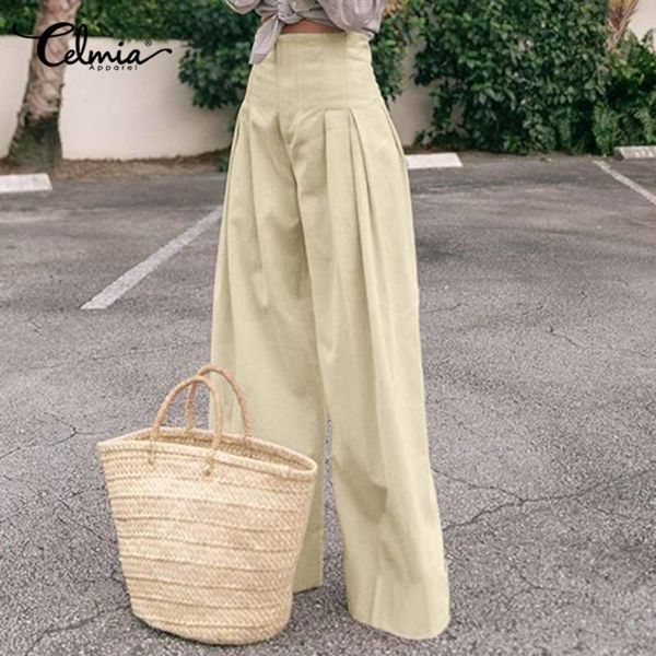 women's pants & capris celmia vintage high waist wide leg fashion zipper casual trousers loose pleated solid pantalon femme plus size 5, Black;white 
women's pants & capris celmia vintage high waist wide leg fashion zipper casual trousers loose pleated solid pantalon femme plus size 5, Black;white