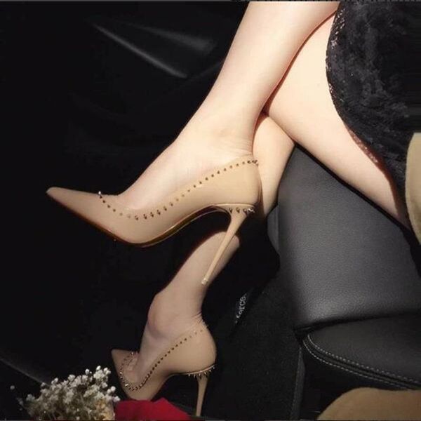 dress shoes elegant nude high heel rivets patent leather 12cm stiletto heels pointed toe women spikes pumps, Black
dress shoes elegant nude high heel rivets patent leather 12cm stiletto heels pointed toe women spikes pumps, Black