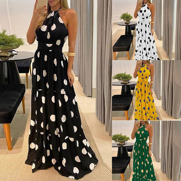 dress long skirt european and american polka dot halter neck waist big swing evening women, Black;gray
dress long skirt european and american polka dot halter neck waist big swing evening women, Black;gray