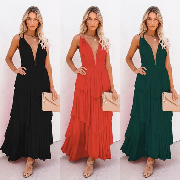 wis women's solid color open back deep v evening dress suspender dress, Black;red
wis women's solid color open back deep v evening dress suspender dress, Black;red