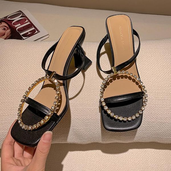 women metal crystal slippers genuine leather open toe high heel pumps slip on casual summer shoes, Black
women metal crystal slippers genuine leather open toe high heel pumps slip on casual summer shoes, Black