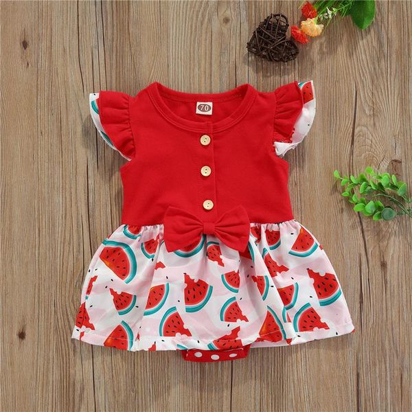 born summer romper dress, baby girls watermelon print sleeve round neck button with bowknot jumpsuits, Blue