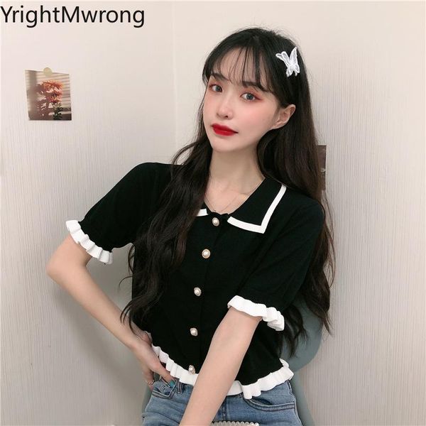 women's t-shirt button pearls turndown neck cute contrast frill ruffle knit crop women fashion lolita kawaii t shirt tee korean, White
women's t-shirt button pearls turndown neck cute contrast frill ruffle knit crop women fashion lolita kawaii t shirt tee korean, White