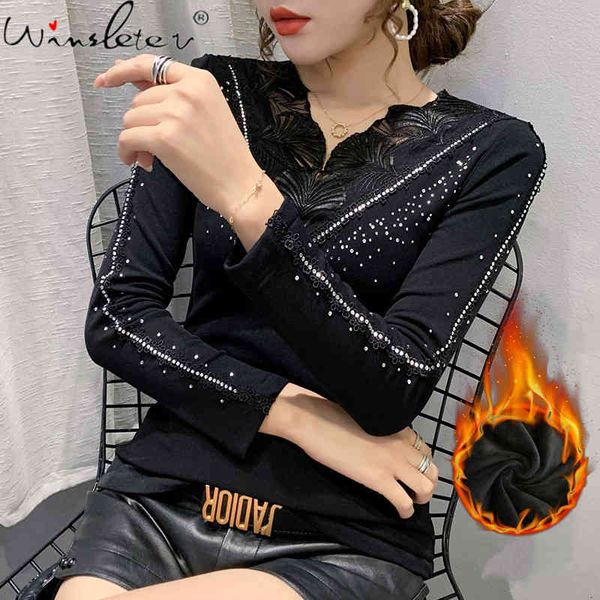 women's t-shirt fall winter korean style tshirt chic v-neck crochet dimonds long sleeve with fleece camiseta mujer tees, White
women's t-shirt fall winter korean style tshirt chic v-neck crochet dimonds long sleeve with fleece camiseta mujer tees, White