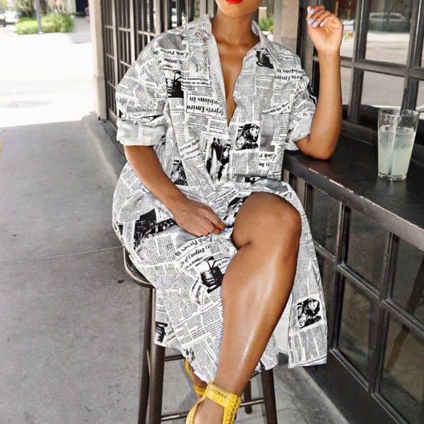 lining 2021 spring new newspaper print long dress, White;black 
lining 2021 spring new newspaper print long dress, White;black